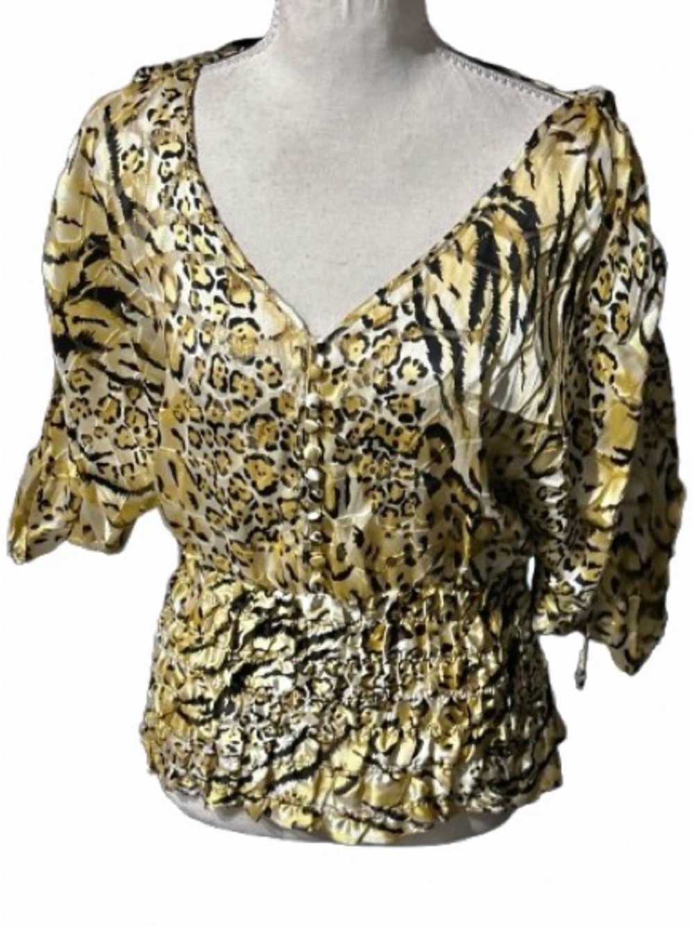 Vintage CACHE Silk Blend Sheer Top Blouse Shirt Leopard Cat 90’s Y2K Safari